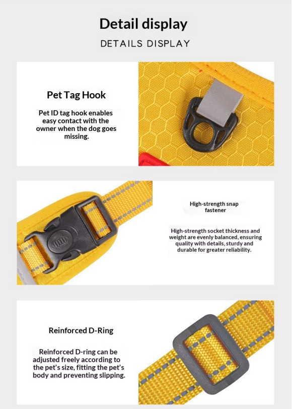 Dog Harness XS, Adjustable and Reflective in 4 colours, Yellow, Red, Black & Orange